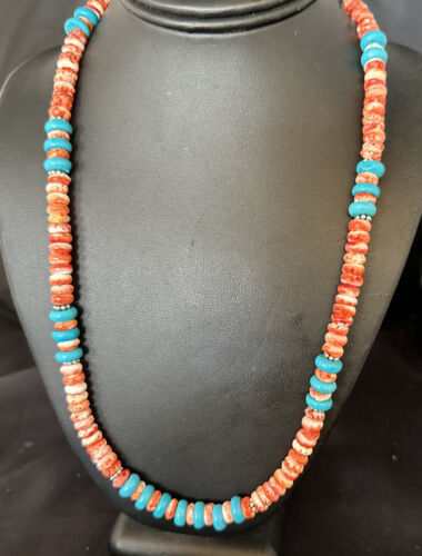 Women's Turquoise Spiny Oyster Necklace | Navajo Pearl Sterling Silver | Authentic Native American Handmade | 22" | 15057