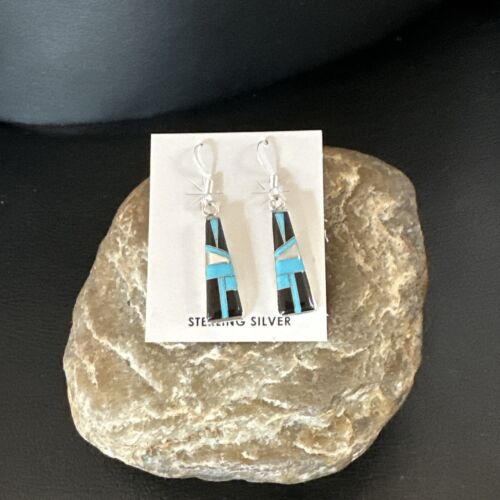 Navajo Blue Turquoise Black Onyx Inlay Earrings | Sterling Silver | 1" | Authentic Native American Handmade | 15700