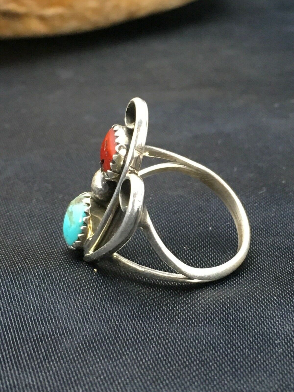 Navajo Blue Turquoise Coral Ring | Authentic Native American Sterling Silver | Multi-Stone | Sz 6.5 | 2780