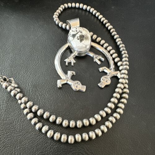 Navajo White Buffalo Turquoise Naja Pendant Necklace | Sterling Silver | Authentic Native American Handmade | 17122