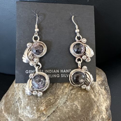Navajo Purple Sugilite Dangle Earrings | Sterling Silver | 2" | Authentic Native American Handmade | 15694