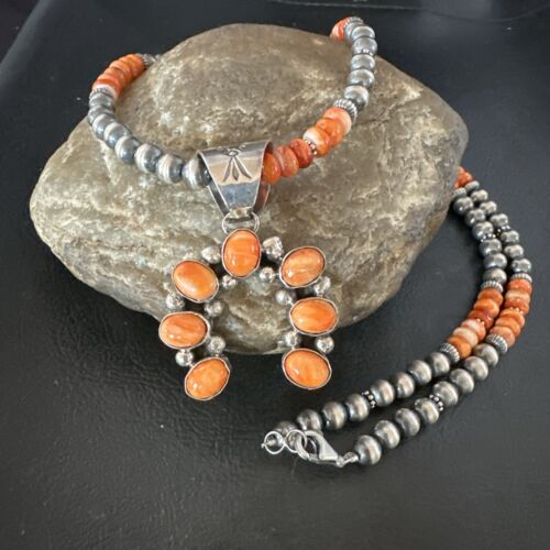 Navajo Pearls Orange Spiny Oyster Naja Pendant | Sterling Silver Necklace | Authentic Native American Handmade | 16804
