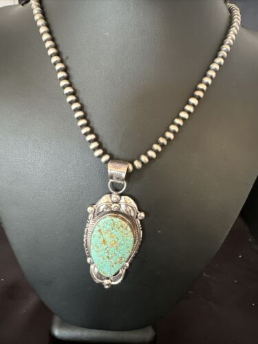 Navajo Blue Turquoise #8 Pendant | Sterling Silver Necklace with Pearls | Authentic Native American Handmade | 15898