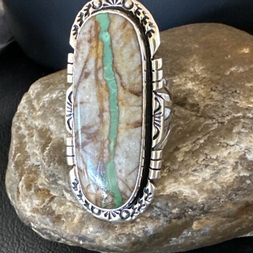 Navajo Ribbon Boulder Green Turquoise Ring | Sterling Silver | Sz 10 | Authentic Native American Handmade | 16253