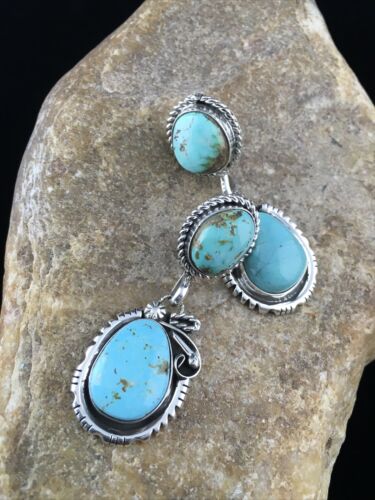 Navajo Kingman Turquoise Dangle Earrings | Sterling Silver | Authentic Native American Handmade | 1764