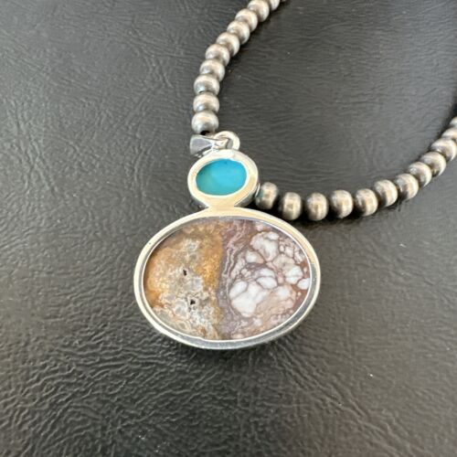 Navajo Wild Horse | Blue Kingman Turquoise Necklace | Sterling Silver | Authentic Native American Handmade | 17339