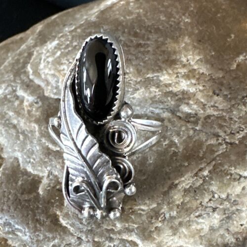 Navajo Black Onyx Ring | Sterling Silver | Sz 7.5 | Authentic Native American Handmade | 15406
