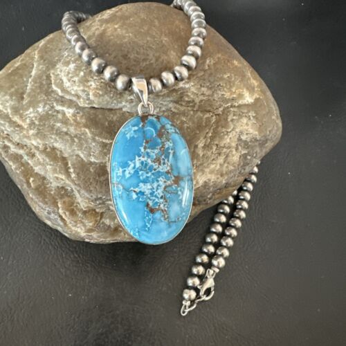 Navajo Blue Spiderweb Turquoise Pendant Necklace | Sterling Silver | Authentic Native American Handmade | 17015