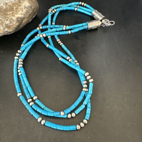 Navajo Blue Turquoise Tube Necklace | Sterling Silver | 22" | Authentic Native American Handmade | 17553