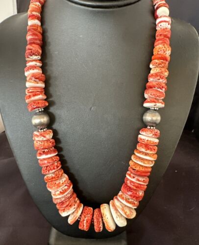 Navajo Red Spiny Oyster Graduated Necklace | Sterling Silver | Authentic Native American | 30" | 17405