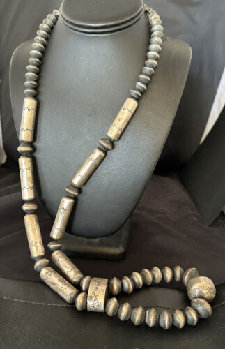 Navajo Stamped Bench Bead Necklace | Sterling Silver | 30" | Authentic Native American Handmade | 16727