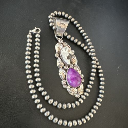 Navajo Pearls Pendant | White Buffalo Turquoise & Sugilite | Sterling Silver | Native American Handmade | 16869