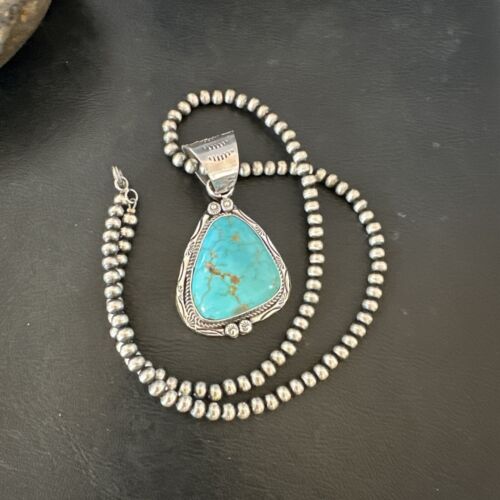 Navajo Blue Kingman Turquoise Necklace Pendant | Sterling Silver | Authentic Native American Handmade | 17476