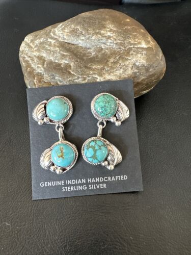 Navajo Blue Green Turquoise Dangle Earrings | Sterling Silver | 1.5" | Authentic Native American Handmade | 17389