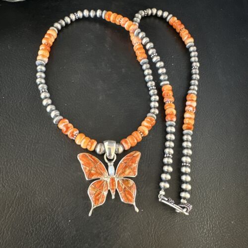 Navajo Butterfly Orange Spiny Oyster Inlay Sterling Silver Pendant Necklace | 15428