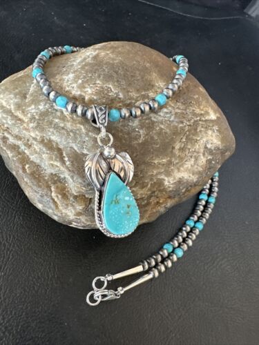 Navajo Pearls Kingman Turquoise Pendant Necklace | Sterling Silver | Authentic Native American Handmade | 14892