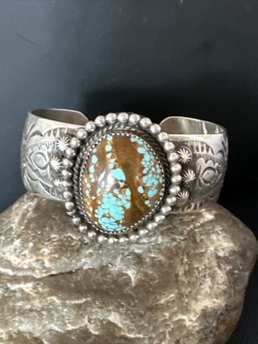 Navajo Men's Blue #8 Turquoise Cuff Bracelet | Sterling Silver | Authentic Native American Handmade | 15856
