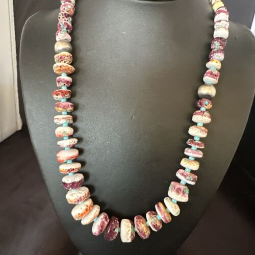 Navajo Blue Turquoise & Purple Spiny Oyster Bead Necklace | Sterling Silver | 21" | Authentic Native American | 17505