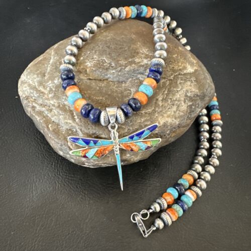 Navajo Dragonfly Pendant | Sterling Silver Turquoise Spiny Inlay MultiColor | Authentic Native American Handmade | 16634