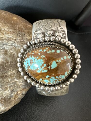 Navajo Men's Blue #8 Turquoise Cuff Bracelet | Sterling Silver | Authentic Native American Handmade | 15856