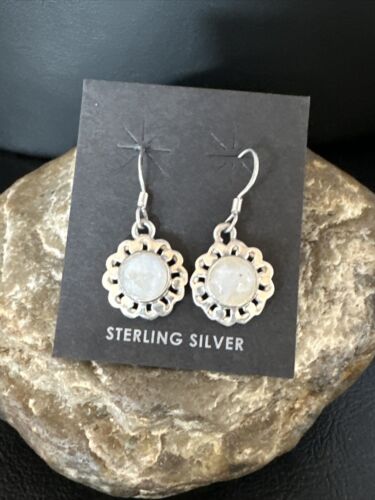 Navajo White Mother of Pearl Dangle Earrings | Sterling Silver | Authentic Native American Handmade | 15307