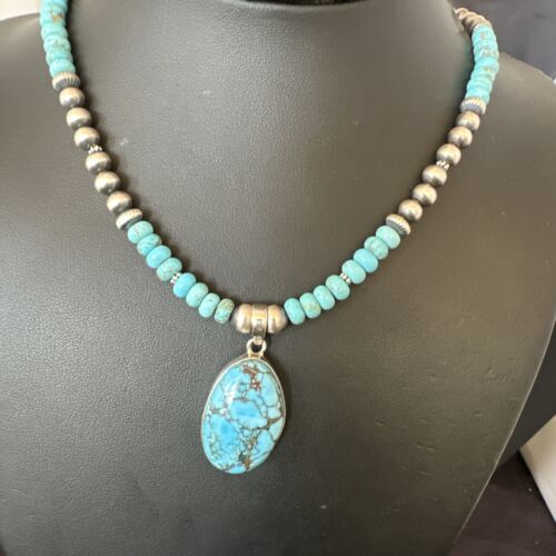 Men's Blue Spiderweb Turquoise Pendant Necklace | Navajo Sterling Silver | Authentic Native American Handmade | 16647