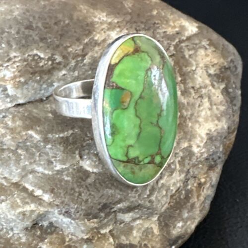Navajo Green Mojave Turquoise Ring | Sterling Silver | Sz 8 Adjustable | Authentic Native American Handmade | 16146