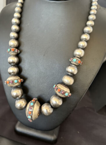 Turquoise Spiny Oyster Navajo Pearl Graduated Sterling Silver Necklace | 21" | 16618