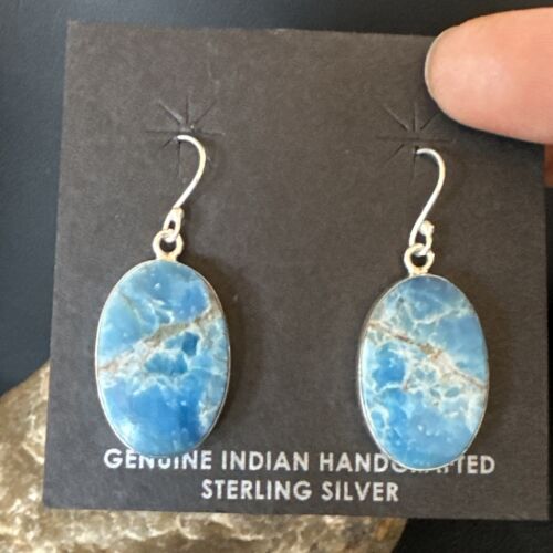 Navajo Blue Turquoise Dangle Earrings | Sterling Silver | Authentic Native American Handmade | 15434