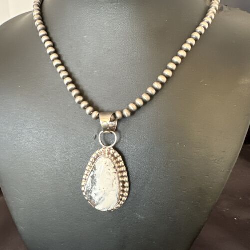 White Buffalo Turquoise Pendant | Navajo Pearls Sterling Silver Necklace | Authentic Native American Handmade | 17108