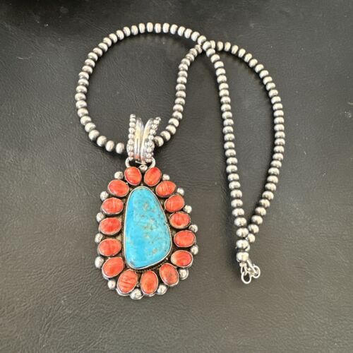 Navajo Turquoise Spiny Oyster Cluster Pendant Necklace | Sterling Silver | Native American Handmade | 17152