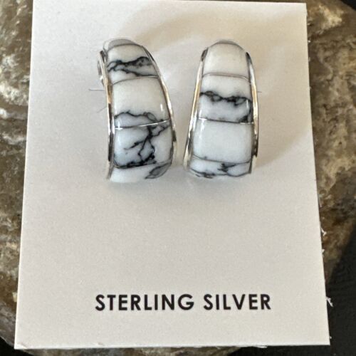 Navajo White Buffalo Turquoise Inlay Earrings | Sterling Silver | 0.5" | 16742