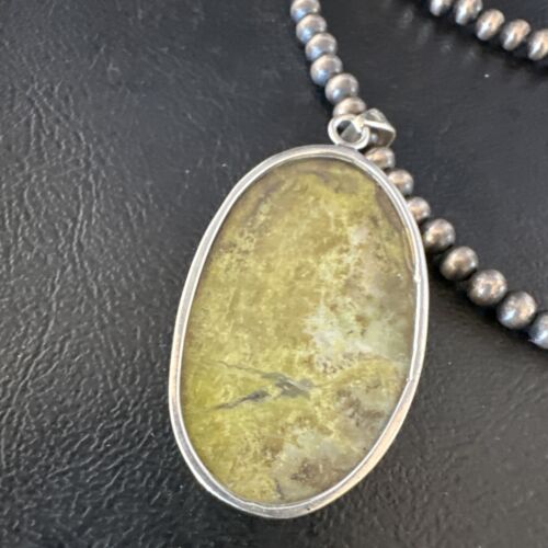 Navajo Green Gaspeite Pendant Necklace | Sterling Silver | Authentic Native American Handmade | 15482