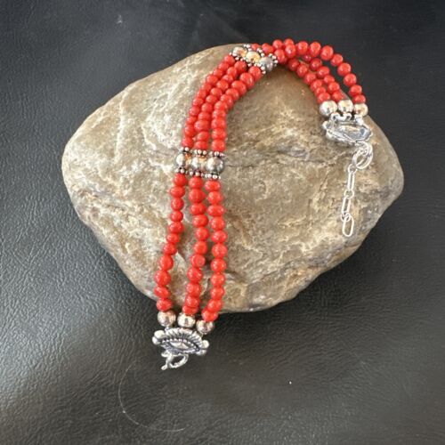 Women's Red Coral 3-Strand Bead Sterling Silver Bracelet 7.5" | Navajo Jewelry | 16468