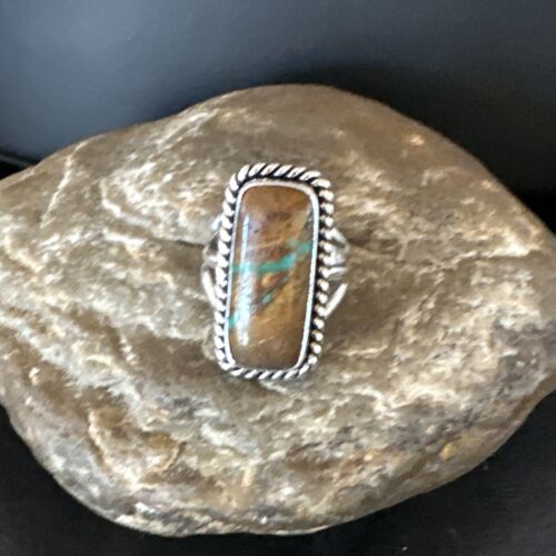 Navajo Ribbon Boulder Green Turquoise Ring | Sterling Silver | Sz 8 | Authentic Native American Handmade | 16384