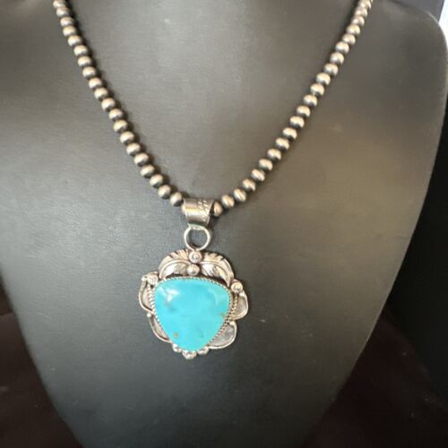 Navajo Kingman Turquoise Pendant Necklace | Sterling Silver Pearls | Authentic Native American Handmade | 15215