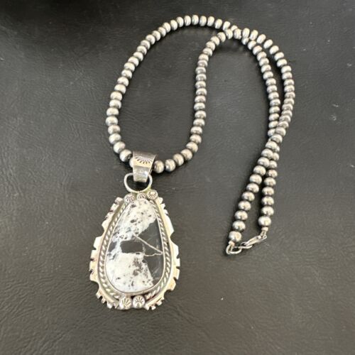 White Buffalo Turquoise Pendant | Navajo Pearls Sterling Silver Necklace | Authentic Native American Handmade | 17109