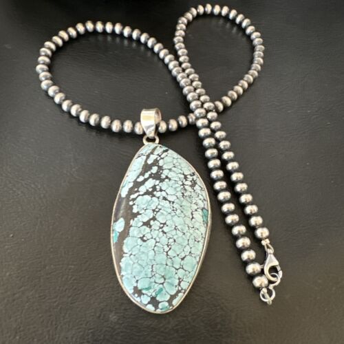 Men's Navajo Blue Spiderweb Turquoise Pendant Necklace | Sterling Silver | Authentic Native American Handmade | 16231