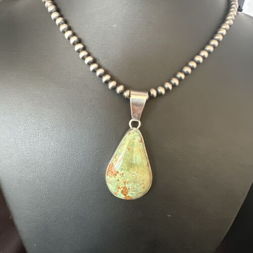 Navajo Green Turquoise Pendant Necklace | Sterling Silver | Authentic Native American Handmade | 15020