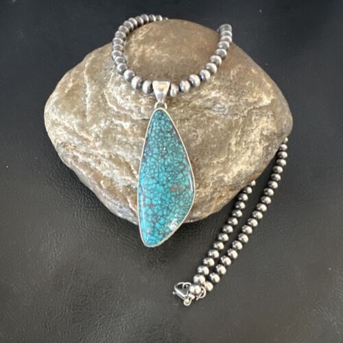 Men's Navajo Blue Spiderweb Turquoise Pendant Necklace | Sterling Silver | Authentic Native American Handmade | 16221
