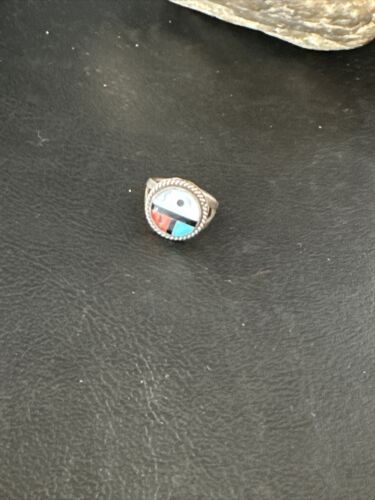 Zuni Pinky Coral Turquoise Onyx Mother of Pearl Inlay Ring | Sz 3 | Sterling Silver | 14918