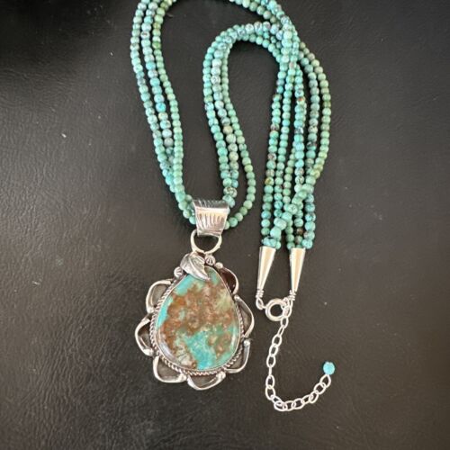 Navajo Blue Turquoise Pendant | Sterling Silver 3-Strand Bead Necklace | 17" | Authentic Native American Handmade | 15995