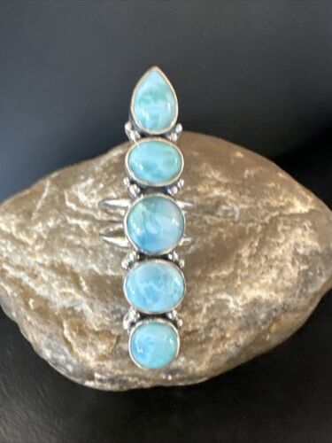 Navajo Blue Larimar Cluster Ring | Authentic Native American Sterling Silver | Multi-Stone | Sz 8.5 | 16153