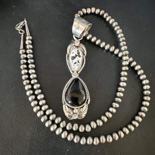 Navajo White Buffalo Turquoise Onyx Necklace Pendant | Sterling Silver | Authentic Native American Handmade | 15316