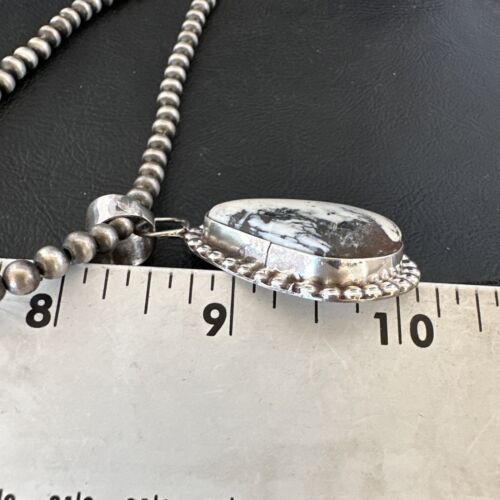 White Buffalo Turquoise Pendant | Navajo Pearls Sterling Silver Necklace | Authentic Native American Handmade | 17108