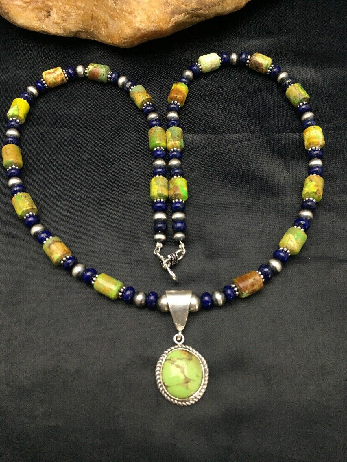 Navajo Green Turquoise and Lapis Necklace with Gaspeite Pendant | Sterling Silver | 23" | 2819