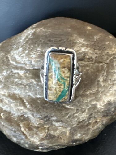 Navajo Ribbon Boulder Green Turquoise Ring | Sterling Silver | Sz 8 | Authentic Native American Handmade | 16385