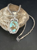 Navajo Pearls Sterling Silver Necklace with Blue Turquoise #8 Pendant | Authentic Native American Handmade | 14859