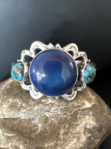 Kingman Turquoise Lapis Cuff Bracelet | Navajo Tufa Cast | Sterling Silver | Authentic Native American Handmade | 16783