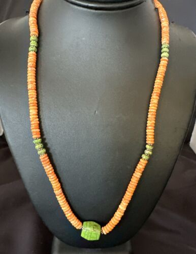 Navajo Green Turquoise & Orange Spiny Oyster Pendant | Sterling Silver | Authentic Native American Handmade | 17484